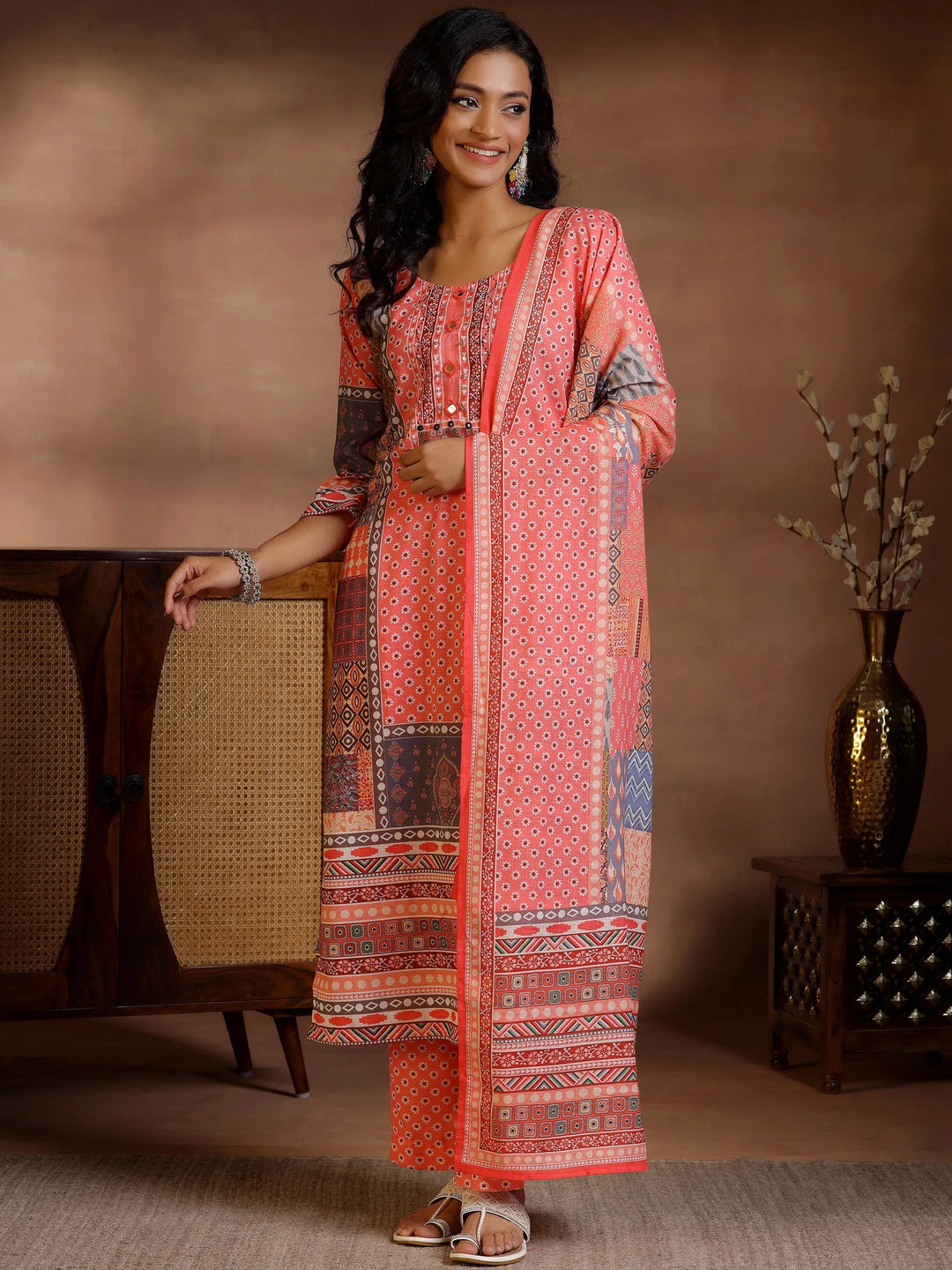  Multicoloured Printed Linen Straight Suit With Dupatta 
