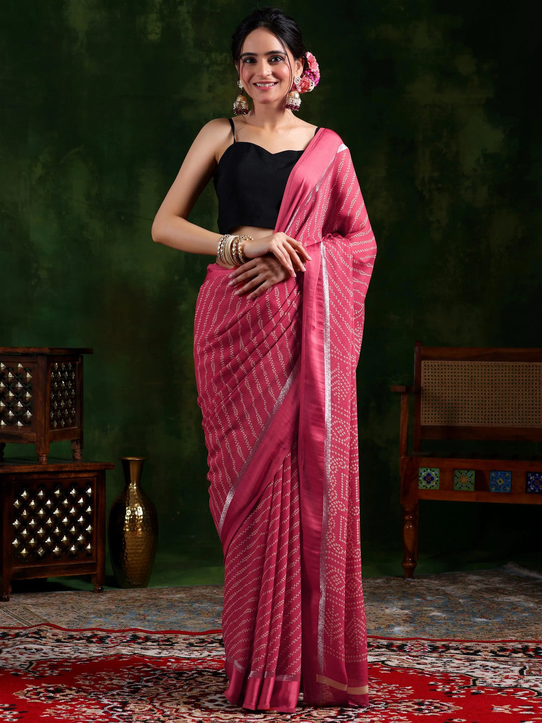 Coral Printed Satin Saree With Unstitched Blouse Piece - Libas 
