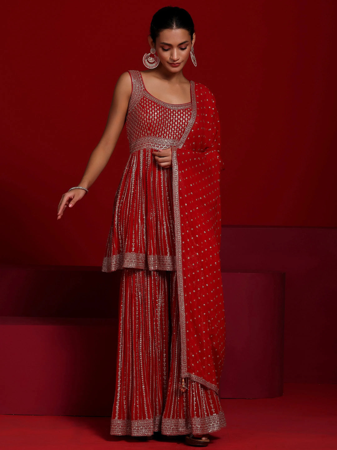  Libas Art Red Embroidered Georgette Anarkali Suit With Dupatta 