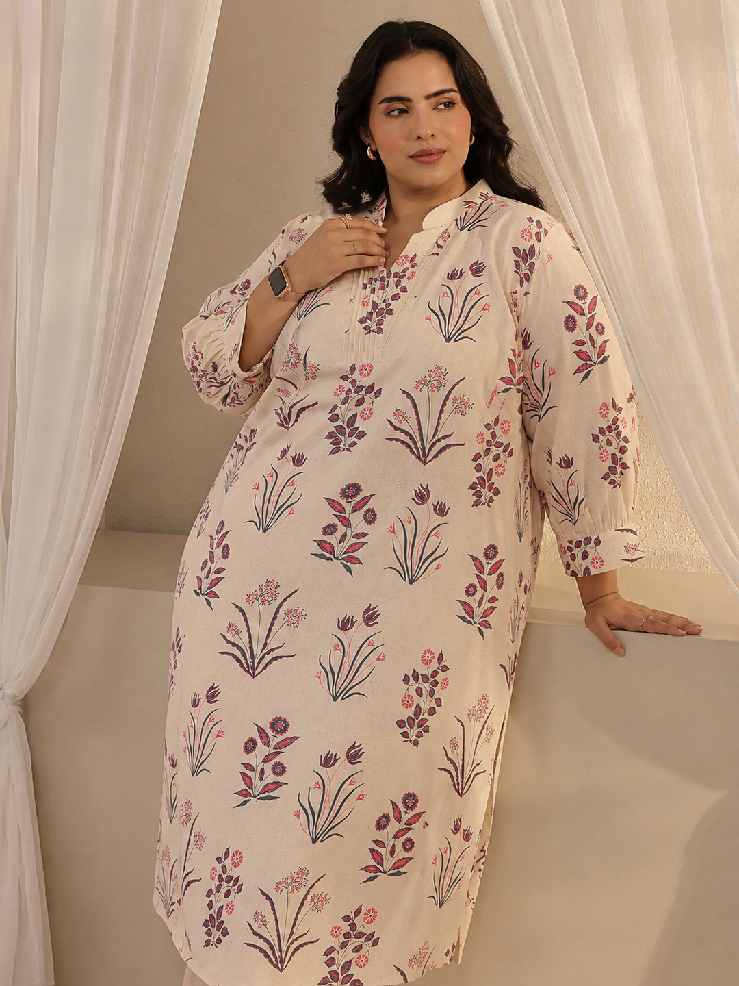  Plus Size Off White Floral Printed Cotton A-Line Kurta 
