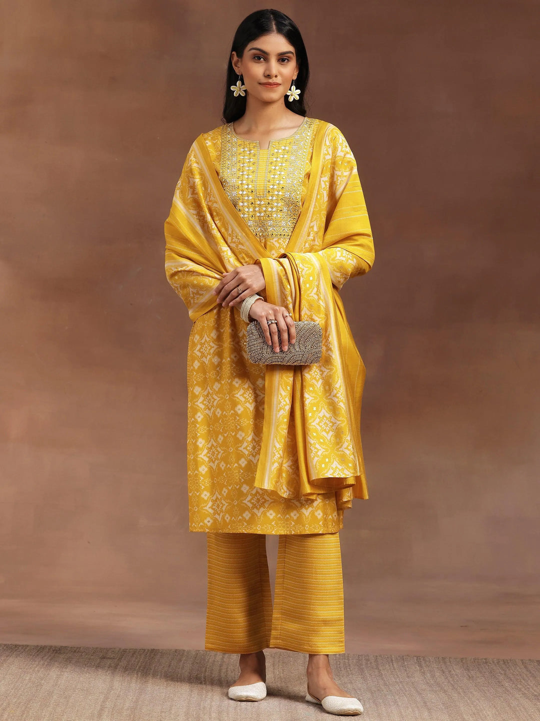  Yellow Printed Silk Blend Straight Suit With Dupatta 