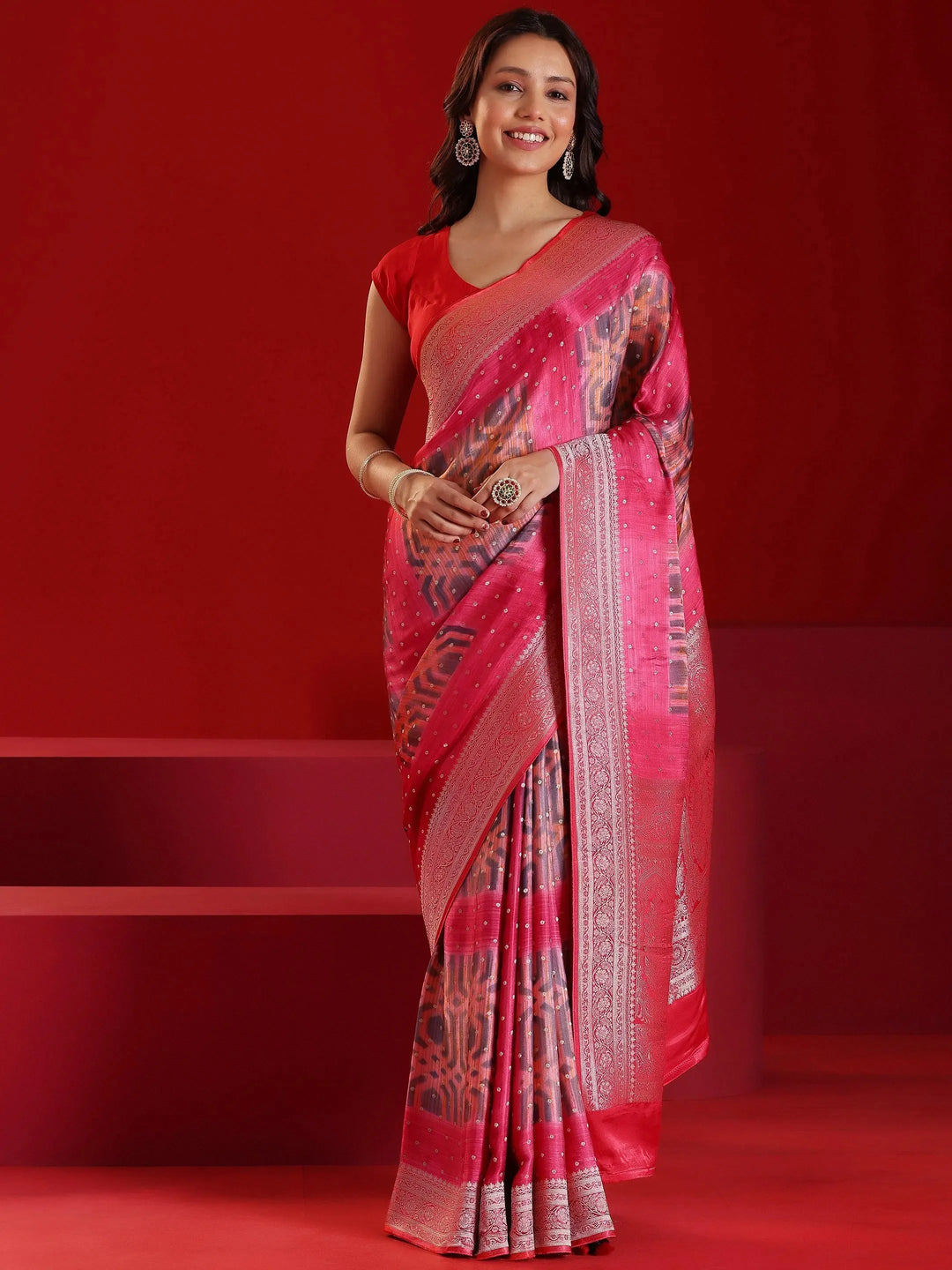  Libas Art Red Printed Satin Saree With Unstitched  Blouse Piece 