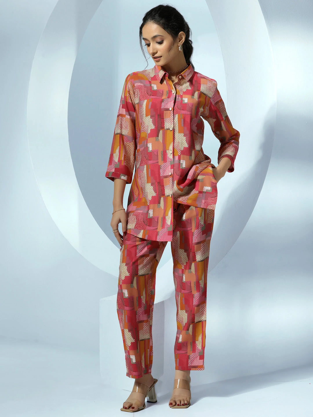  Pink Printed Silk Blend Co-Ords 