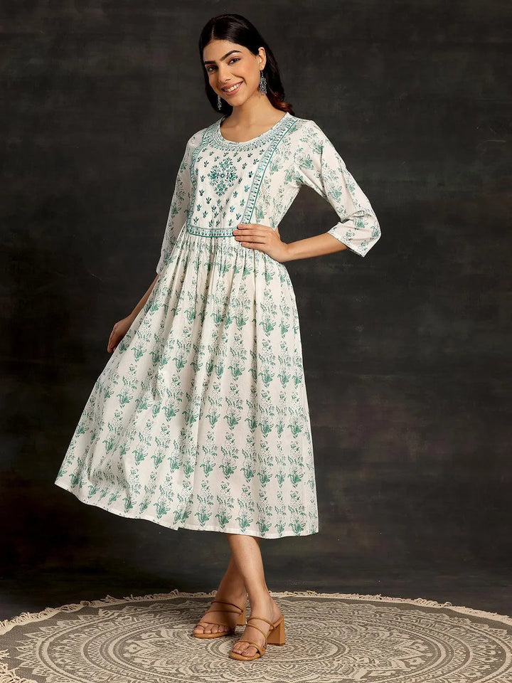 White Printed Cotton A-Line Dress - Libas