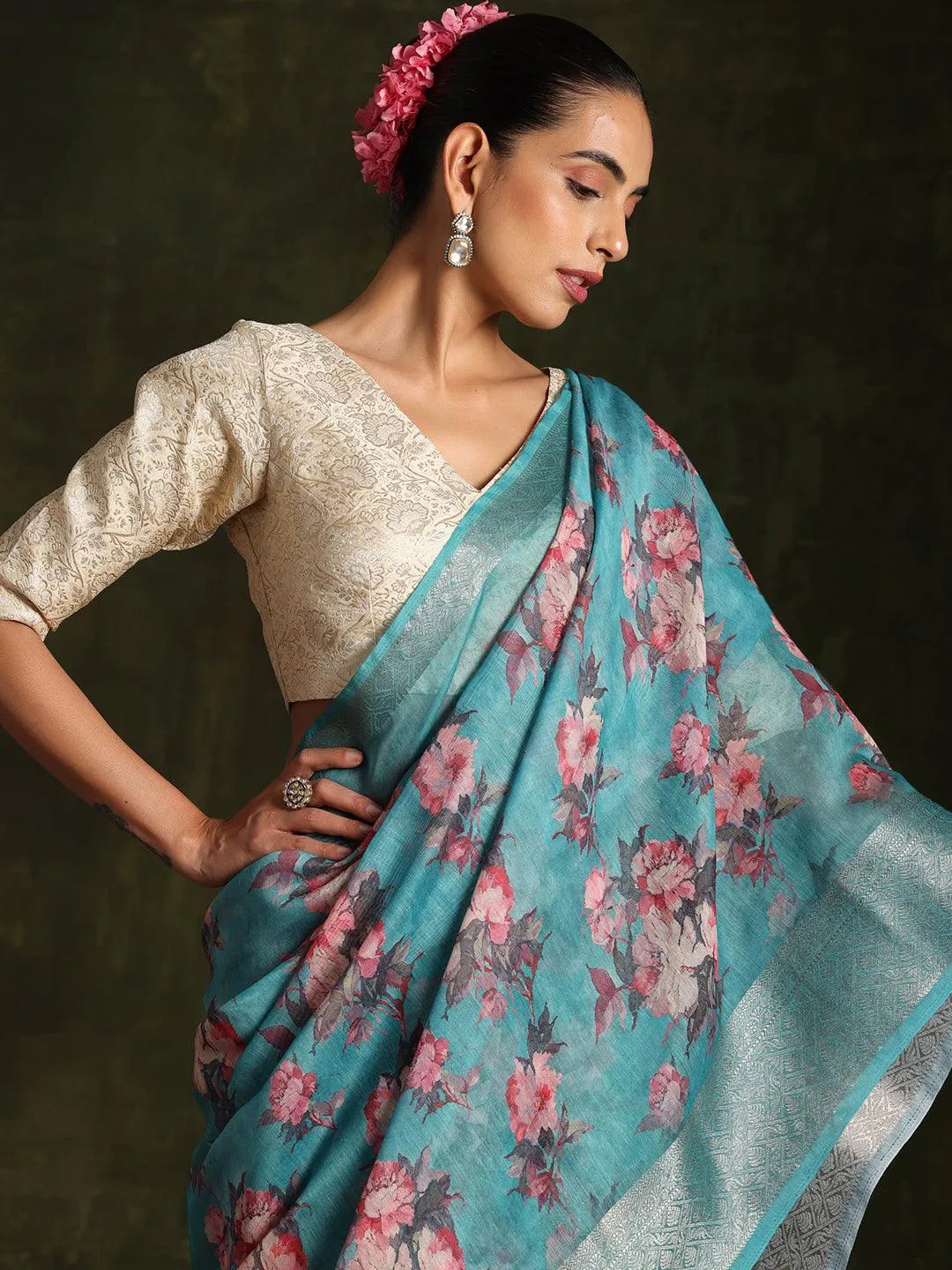 Rama Green Printed Silk Blend Saree With Unstitched Blouse Piece - Libas 