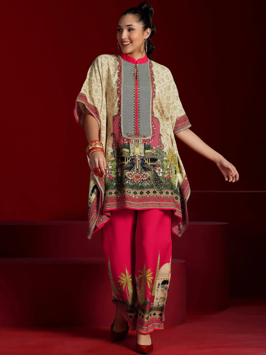  Libas Art Beige Printed Silk Blend Co-Ords 