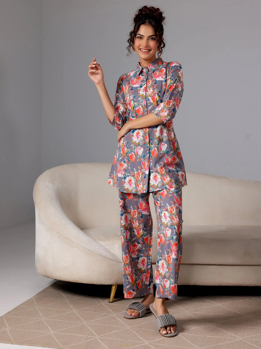 Grey Printed Cotton Night Suits - Libas 