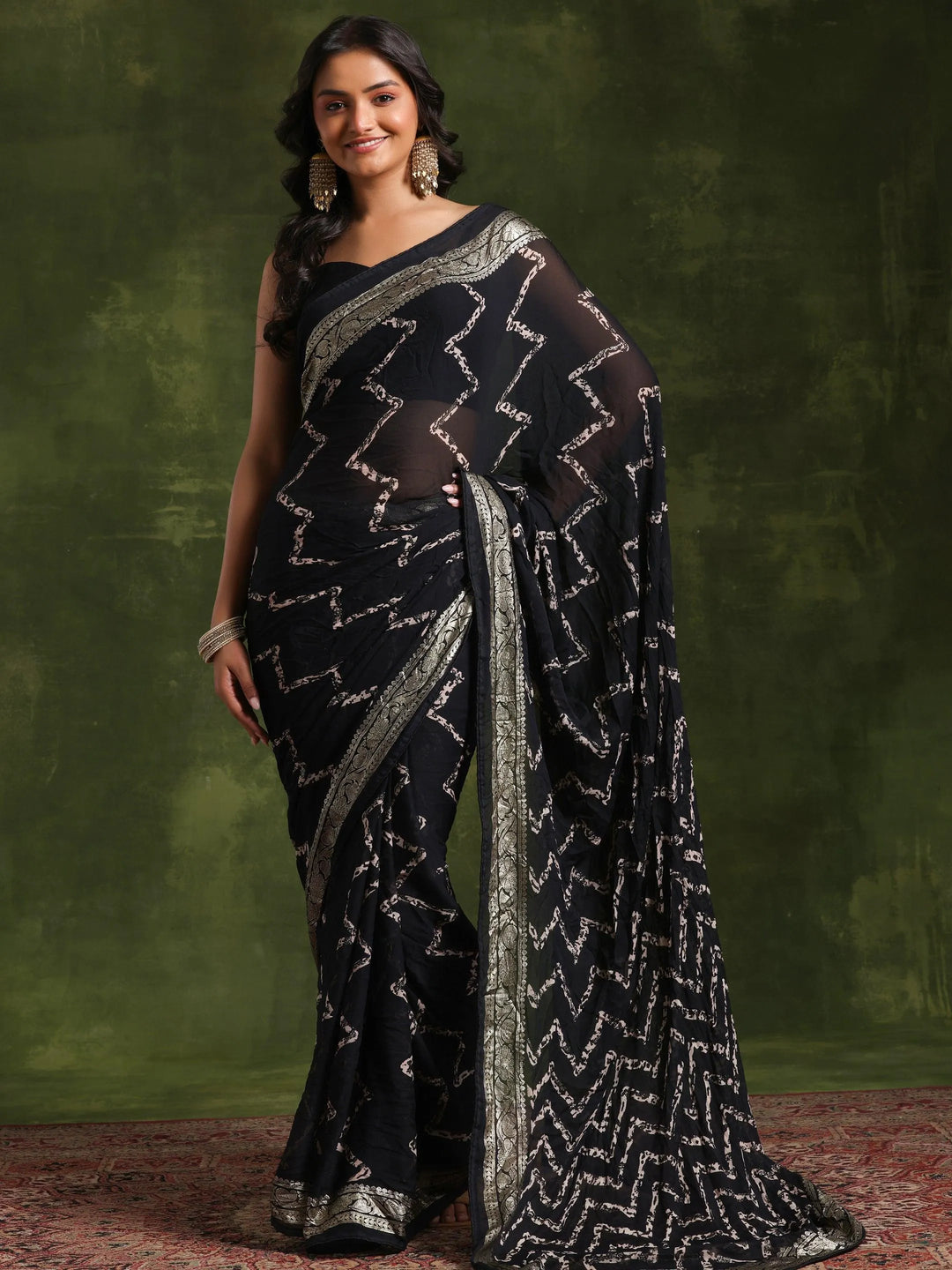 Black Printed Poly Georgette Saree With Unstitched Blouse Piece - Libas 