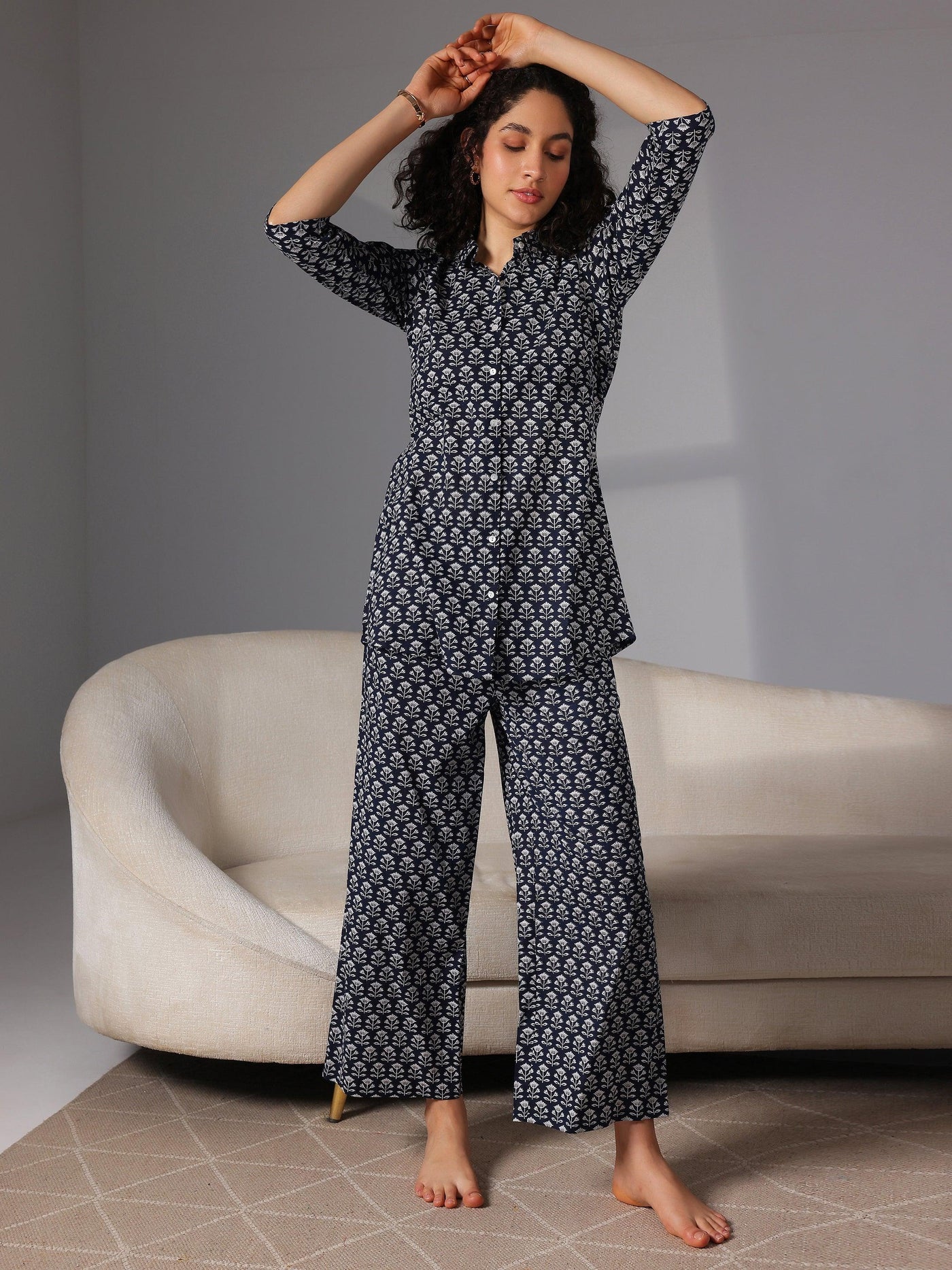 Navy Blue Printed Cotton Night Suits - Libas