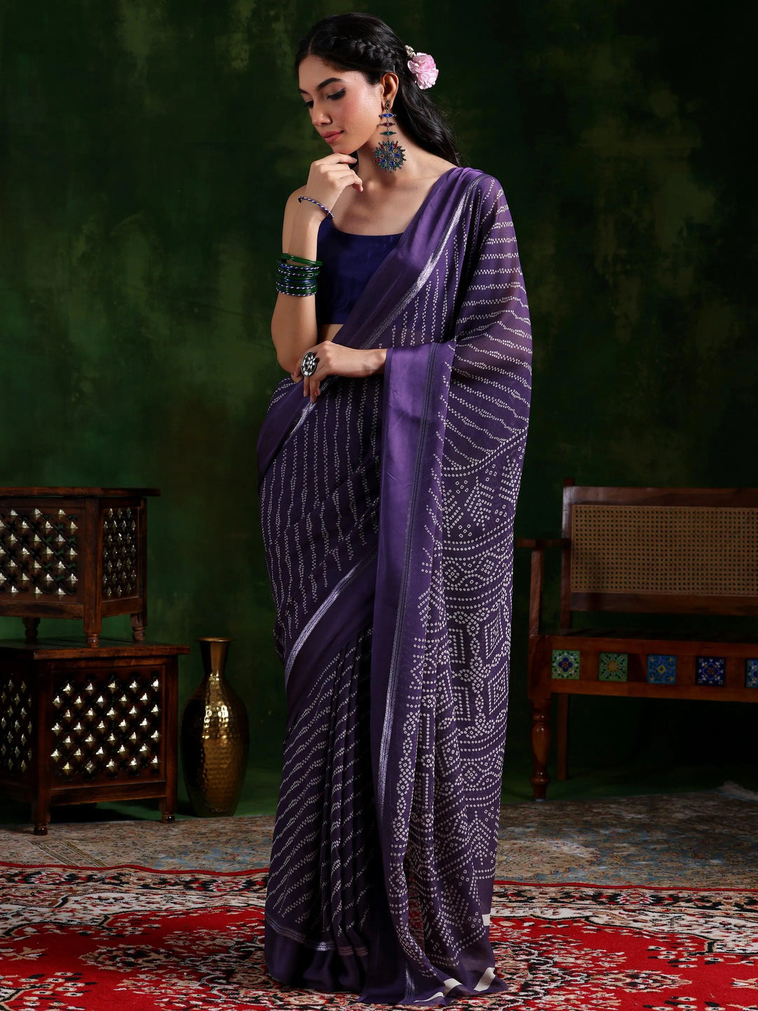 Purple Printed Satin Saree With Unstitched Blouse Piece - Libas 