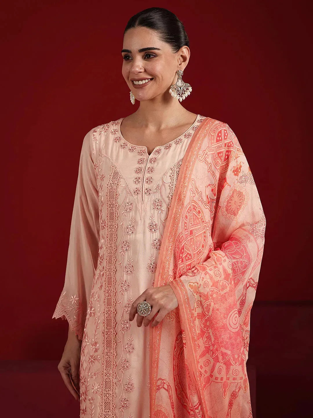  Libas Art Peach Embroidered Organza Straight Suit Set With Dupatta 