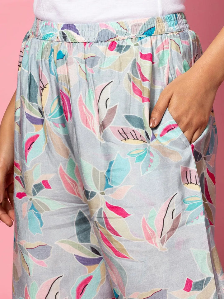 Grey Printed Silk Blend Co-Ords - Libas