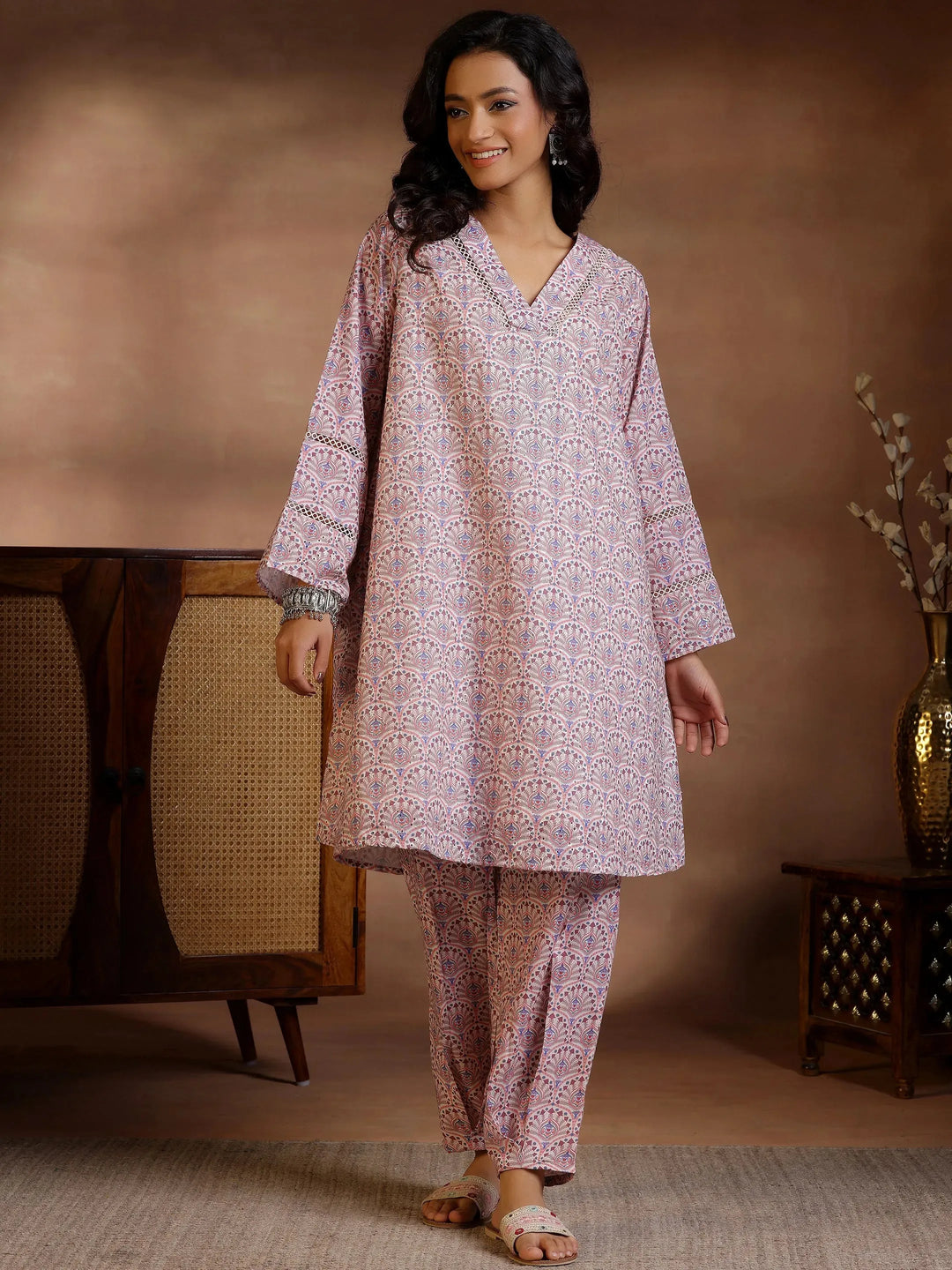  Beige Printed Cotton Straight Kurta Set 