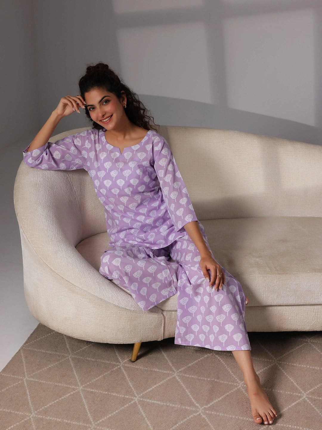 Lavender Printed Cotton Night Suits - Libas