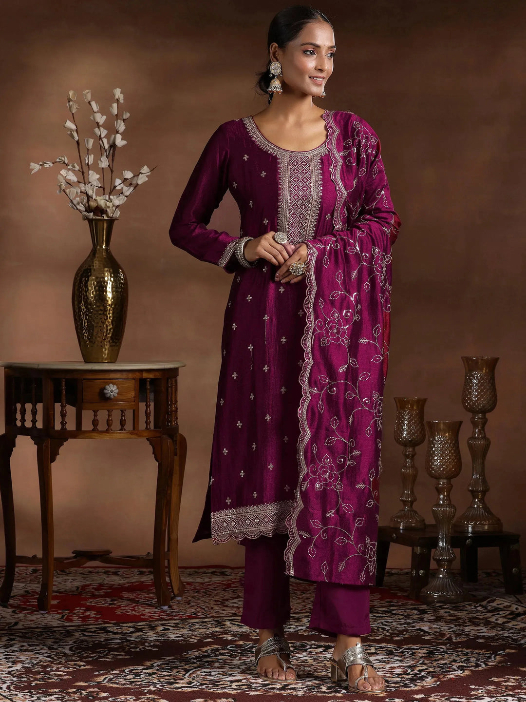  Wine Embroidered Silk Blend Straight Suit With Dupatta 