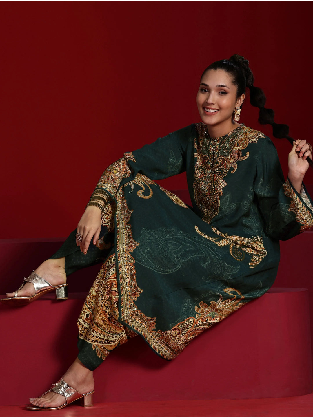  Libas Art Green Printed Silk Blend A-line Kurta With Dhoti Pants 