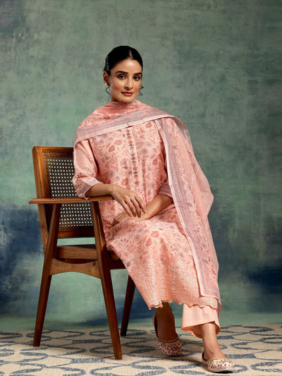Peach Printed Chanderi Silk Straight Suit With Dupatta - Libas