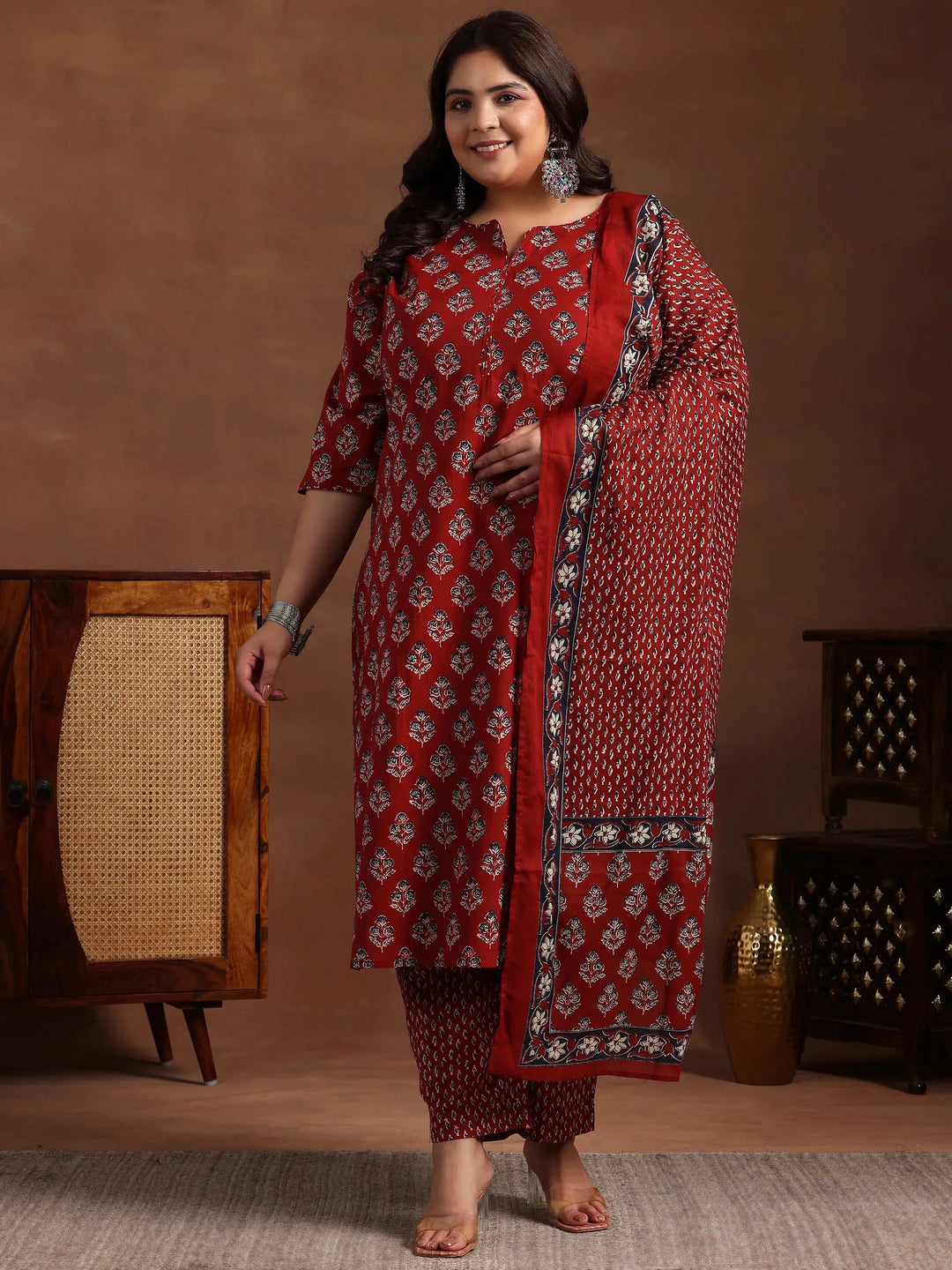  Plus Size Rust Printed Cotton Straight Suit With Dupatta 