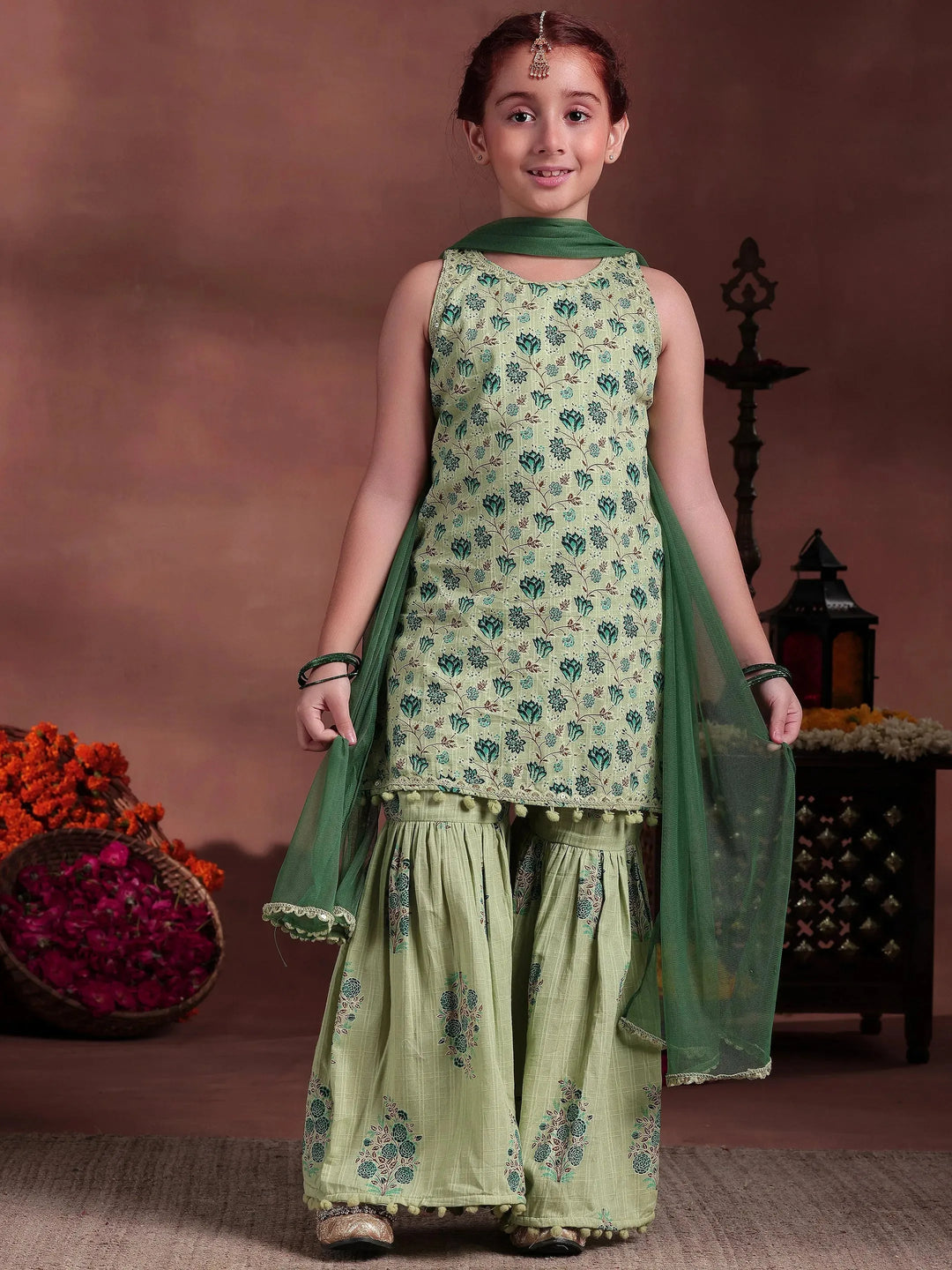  Kids Green Printed Cotton Straight Suit With Dupatta 