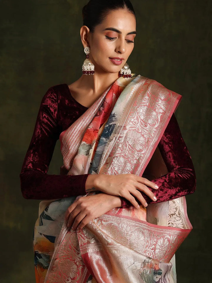 Pink Printed Organza Saree With Unstitched Blouse Piece - Libas