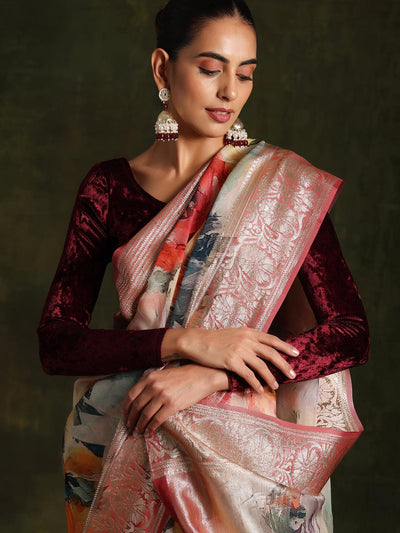 Pink Printed Organza Saree With Unstitched Blouse Piece - Libas