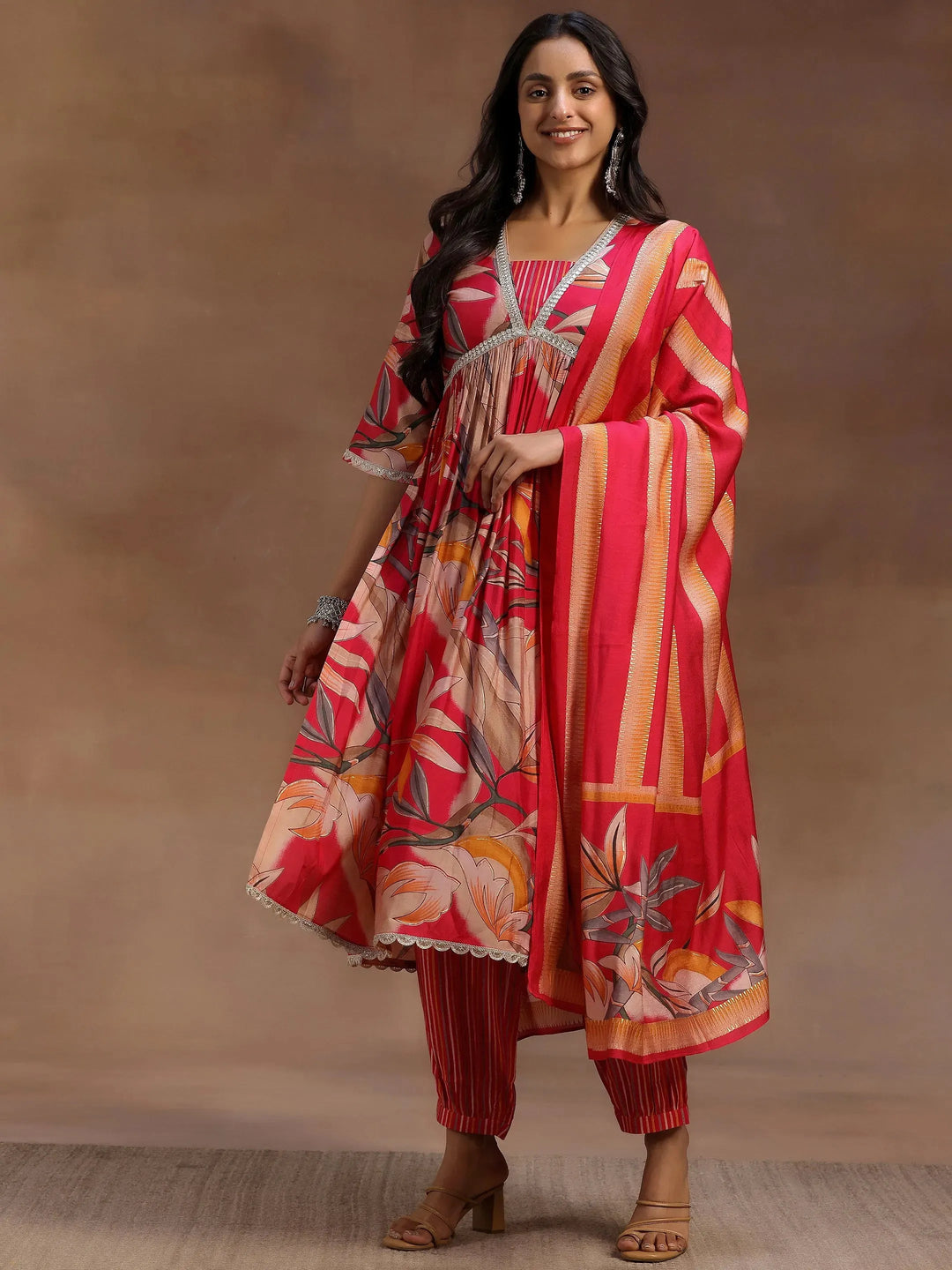  Pink Printed Silk Blend A-Line Kurta With Salwar & Dupatta 