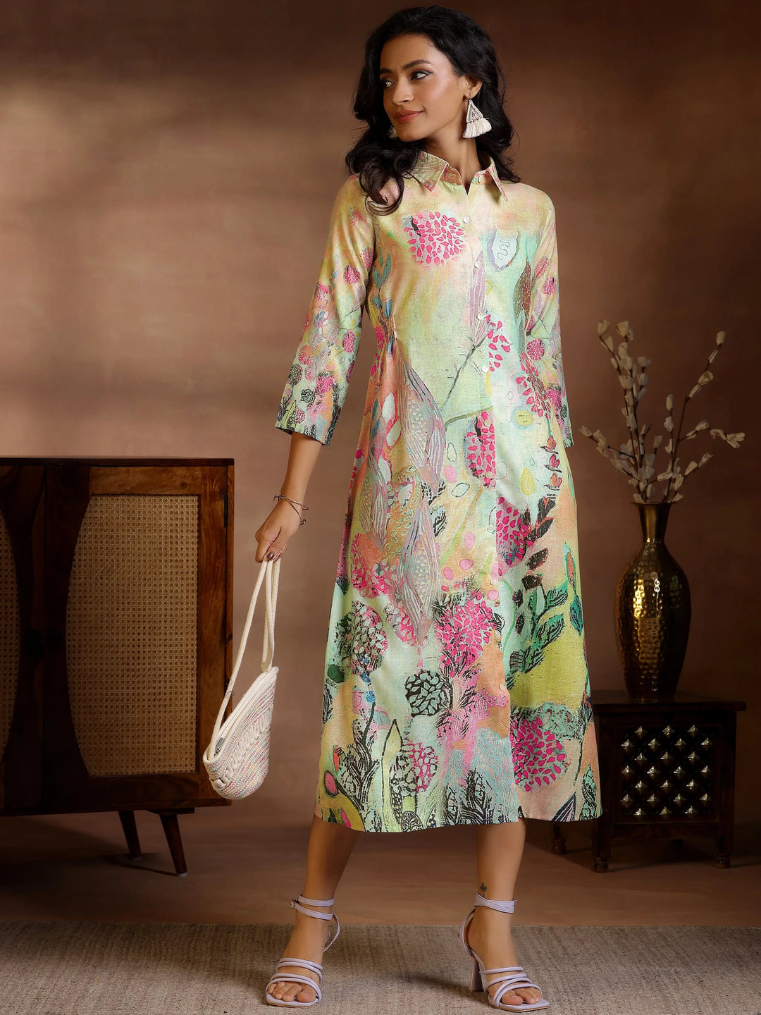 Multi Printed Cotton Blend Shirt Dress 