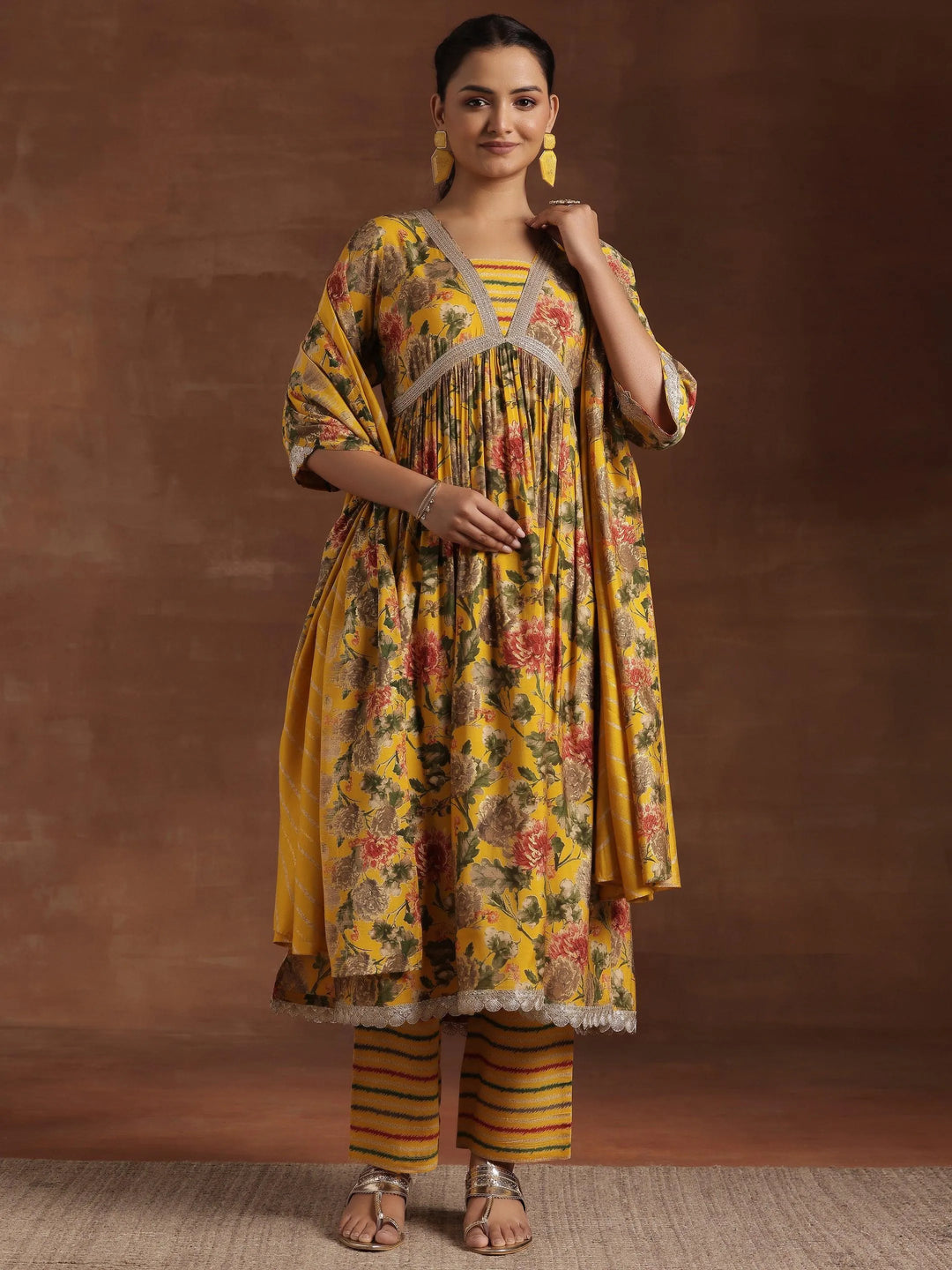 Yellow Printed Silk Blend A-Line Kurta With Trousers & Dupatta 