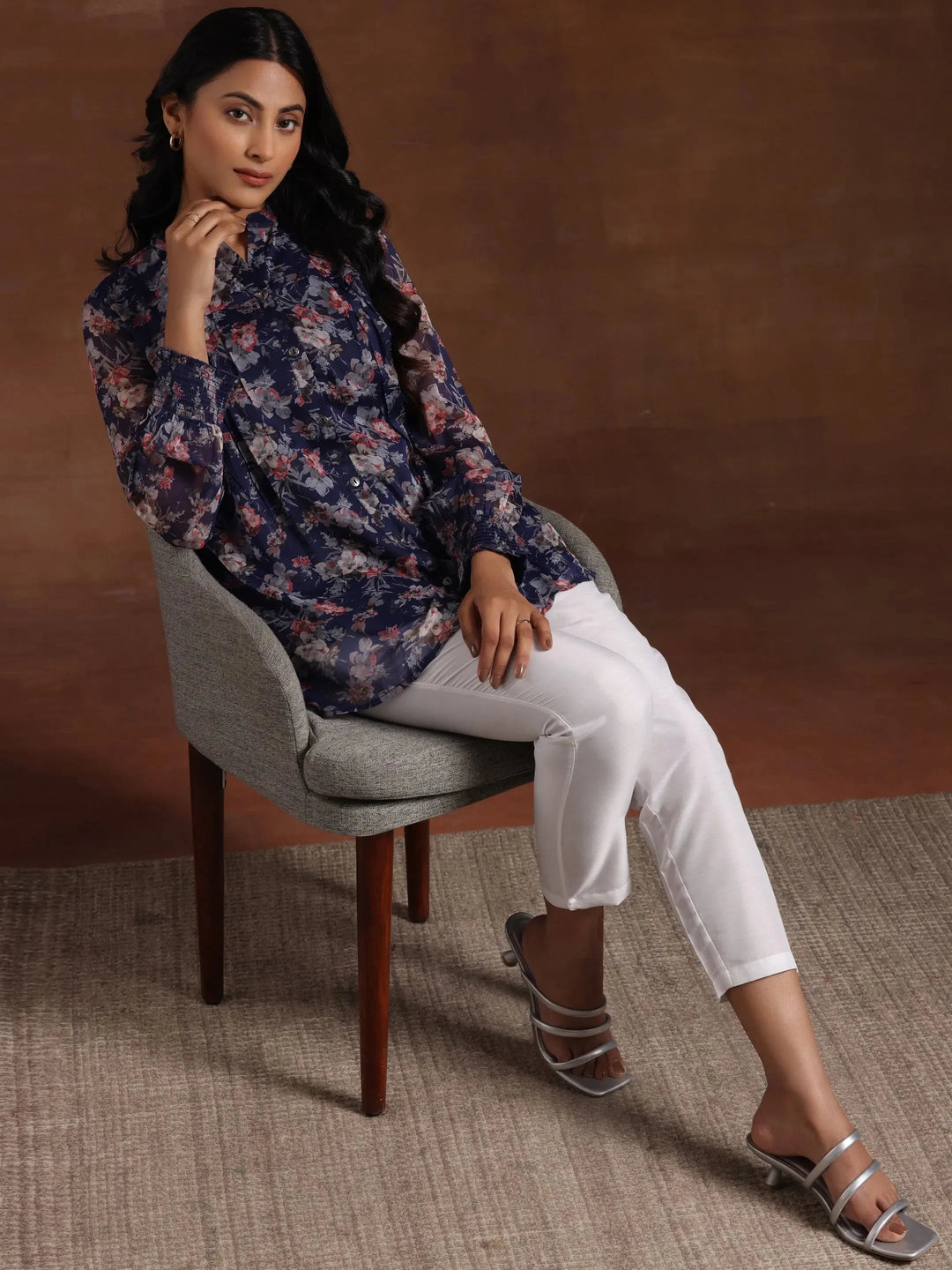  Blue Printed Poly Chiffon A-Line Kurti 