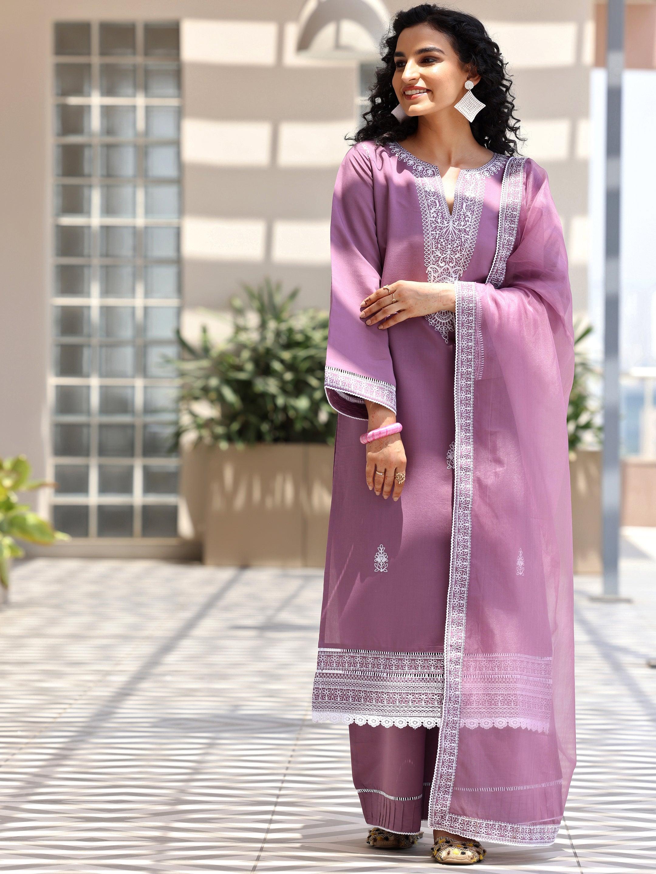 Mauve Embroidered Silk Blend Straight Suit With Dupatta