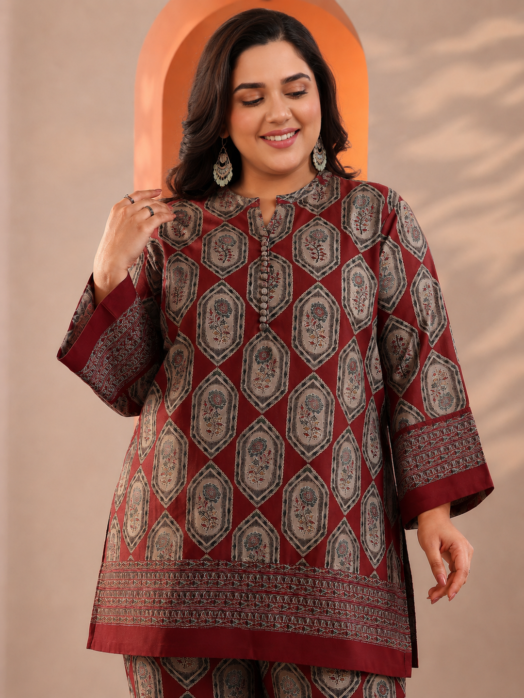  Plus Size Red Printed Silk Blend Straight Suit Set 