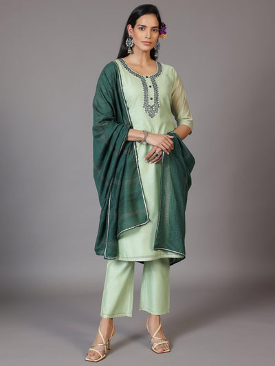 Green Yoke Design Chanderi Silk Straight Kurta With Trousers & Dupatta - Libas