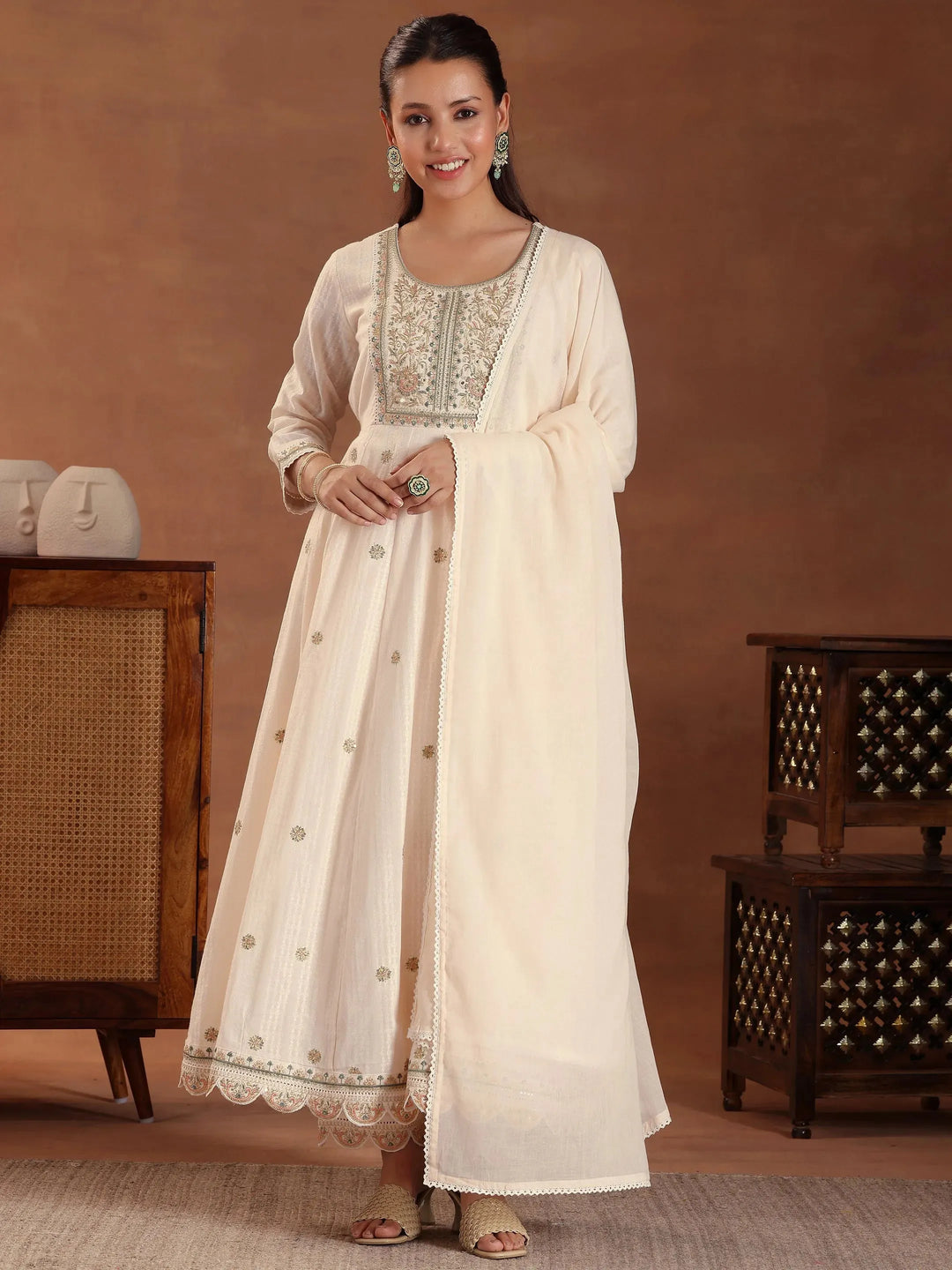  Peach Embroidered Pure Cotton A-line Kurta With Trouers & Dupatta 