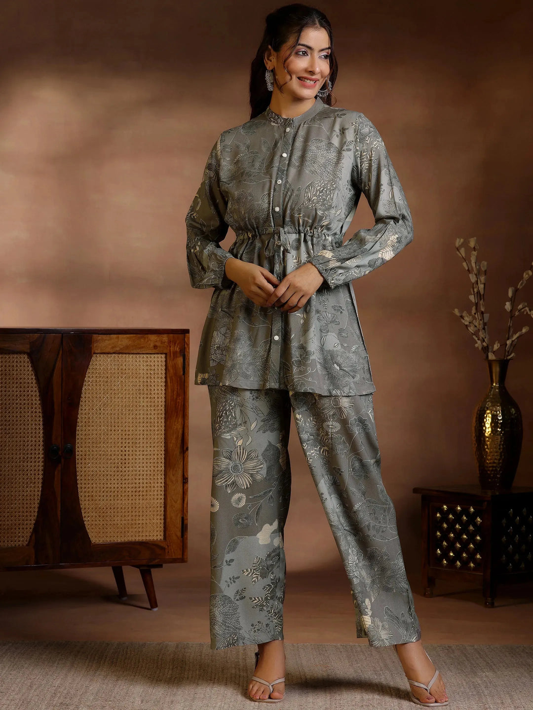  Grey Printed Silk Blend Co-Ords 