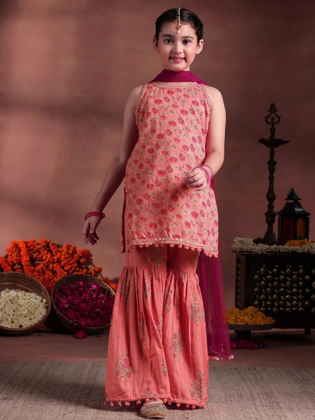  Kids Peach Printed Cotton Straight Suit With Dupatta 