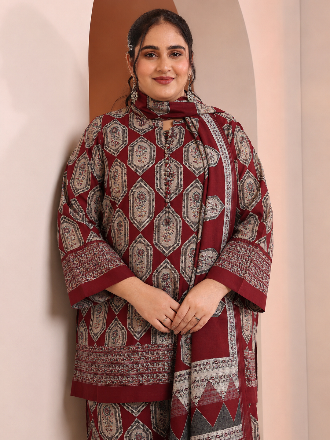  Plus Size Red Printed Silk Blend Straight Suit Set 