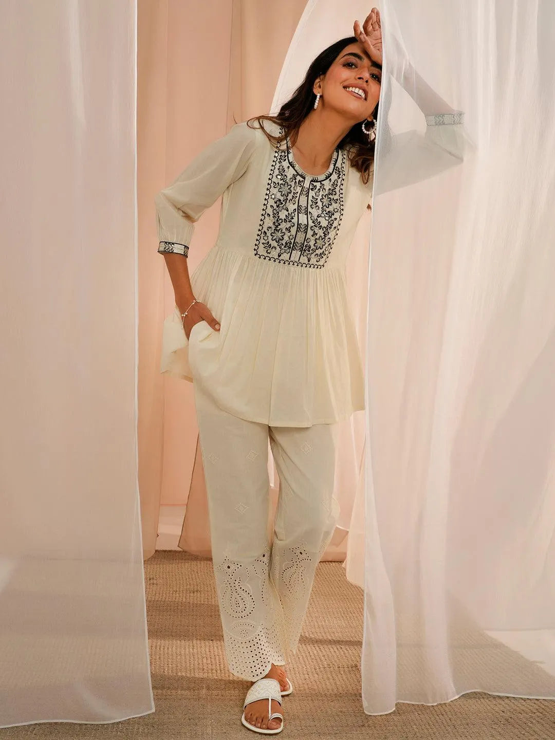Off White Yoke Design Cotton A-Line Kurti - Libas 