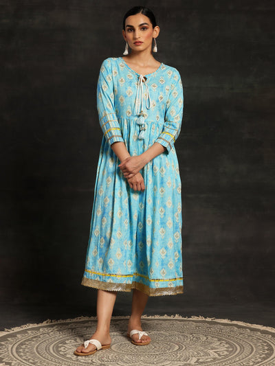 Turquoise Printed Cotton Fit and Flare Dress - Libas
