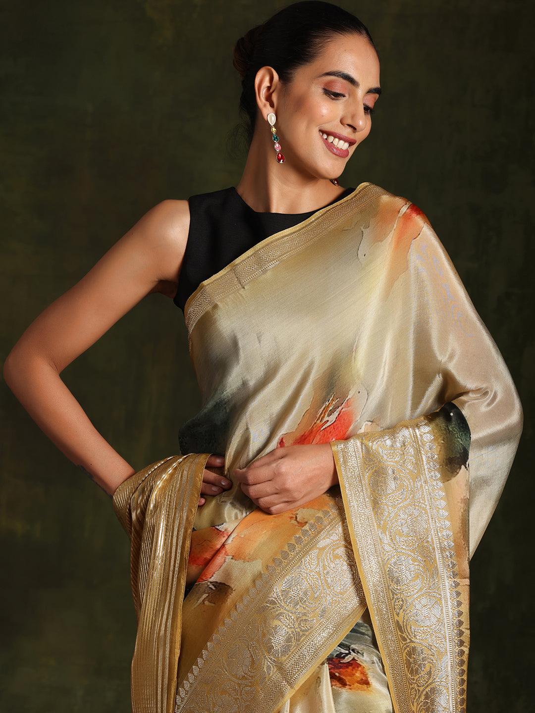 Yellow Printed Organza Saree With Unstitched Blouse Piece