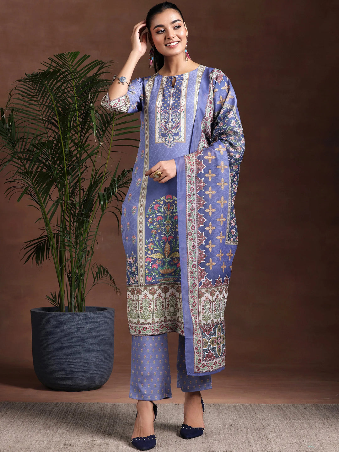  Purple Printed Poly Crepe Straight Suit With Dupatta 