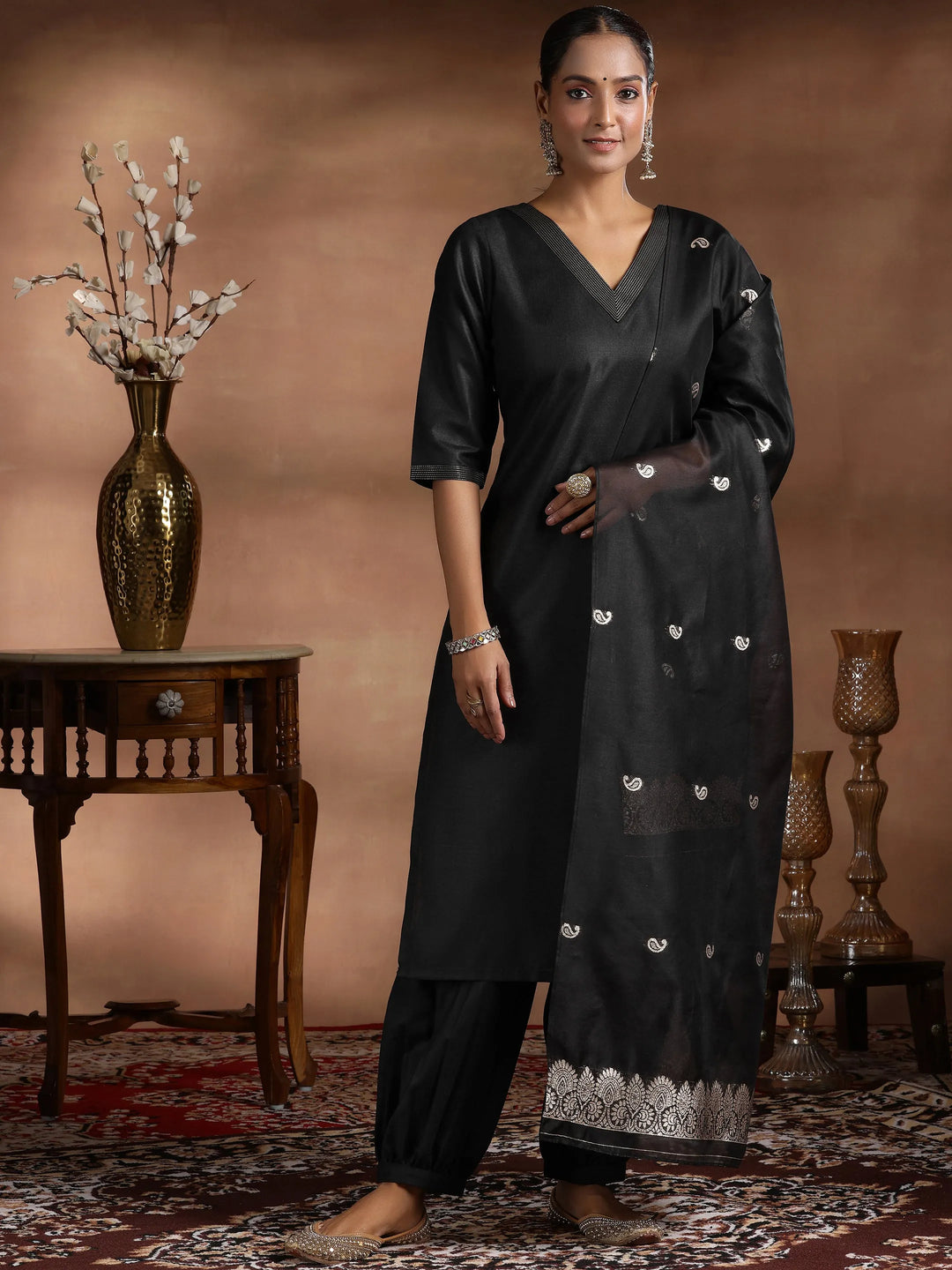  Black Solid Cotton Blend Straight Suit With Dupatta 