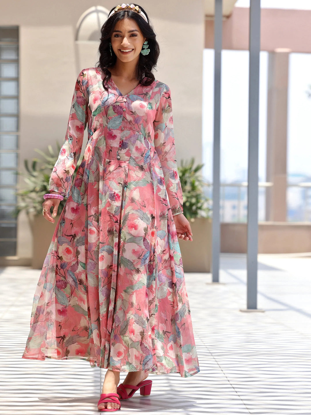  Pink Printed Chiffon A-Line Dress 
