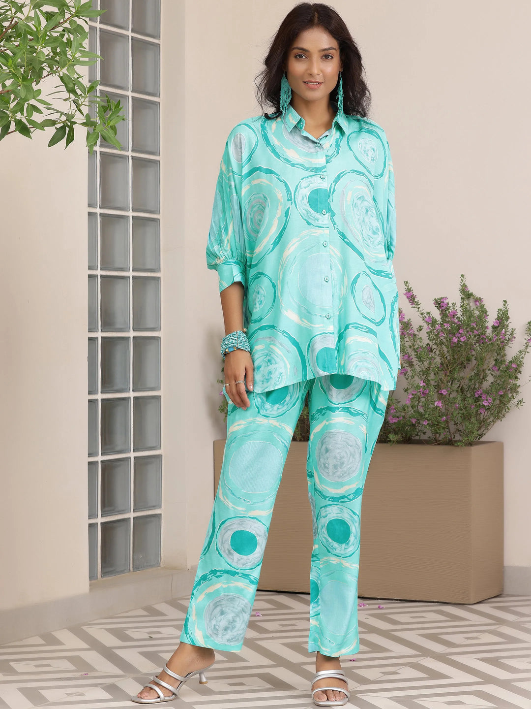  Blue Printed Silk Blend Co-Ords 