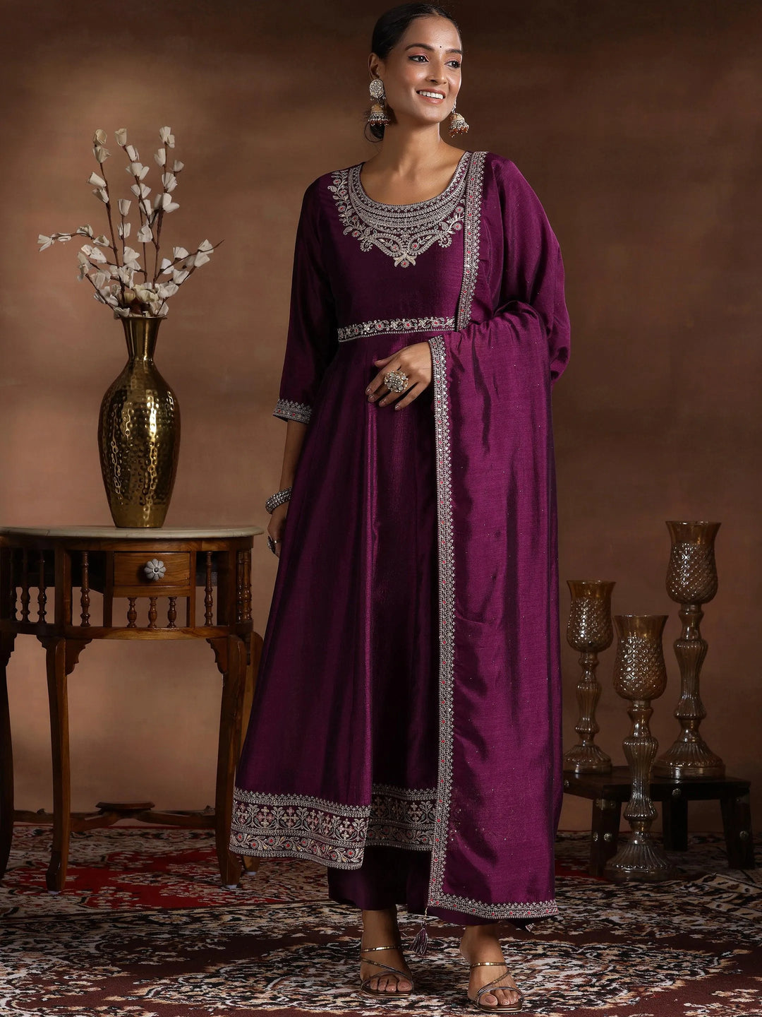  Wine Yoke Design Silk Blend Anarkali Suit With Dupatta 