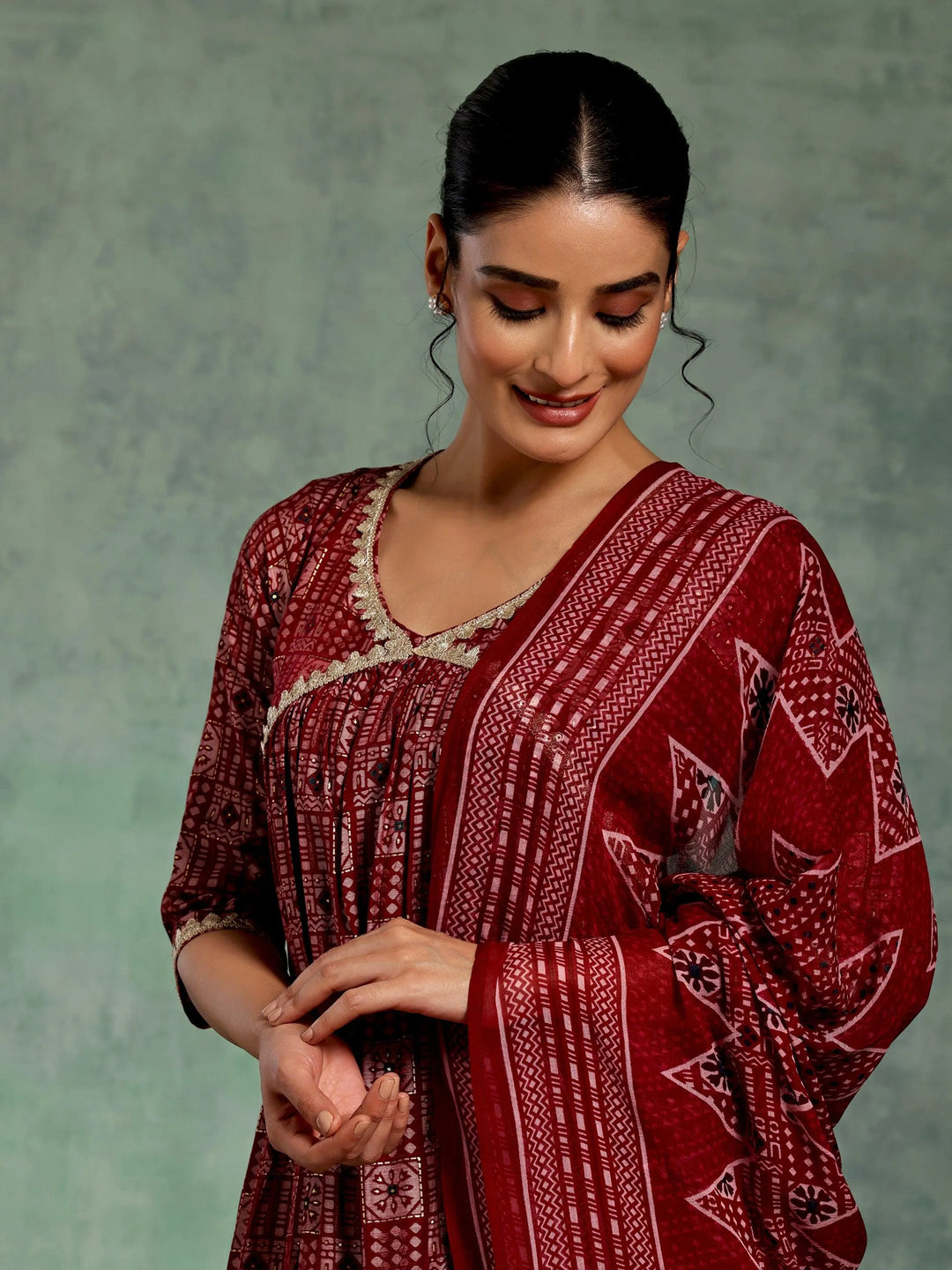 Maroon Printed Silk Blend A-Line Kurta With Palazzos & Dupatta - Libas