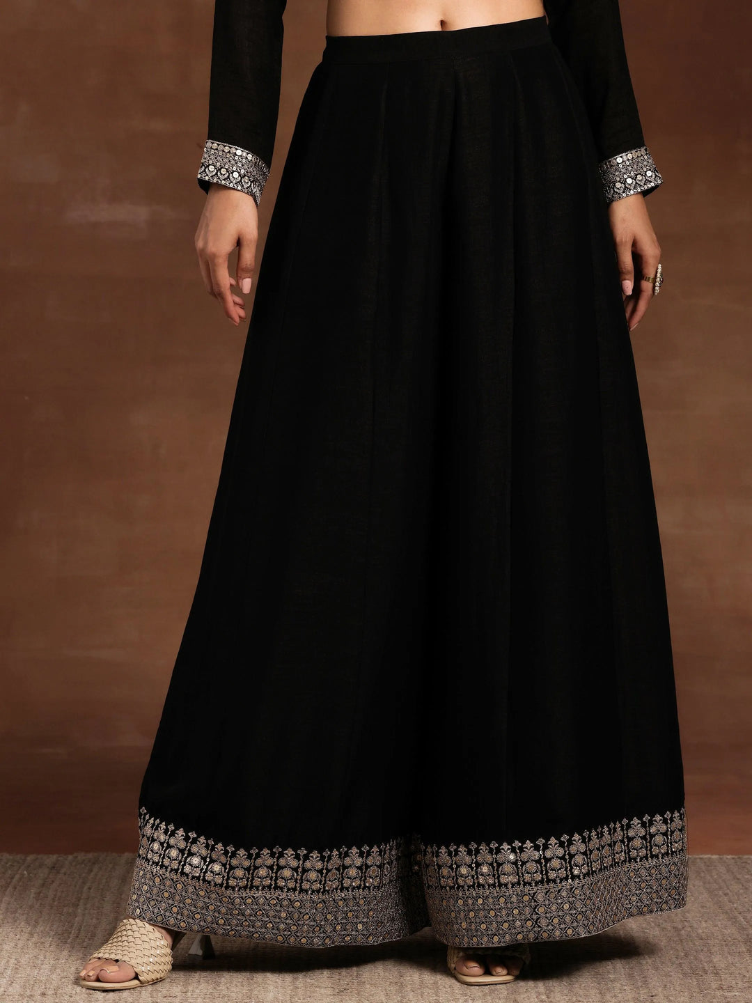 Black Embroidered Silk Blend Straight Suit With Dupatta - Libas 