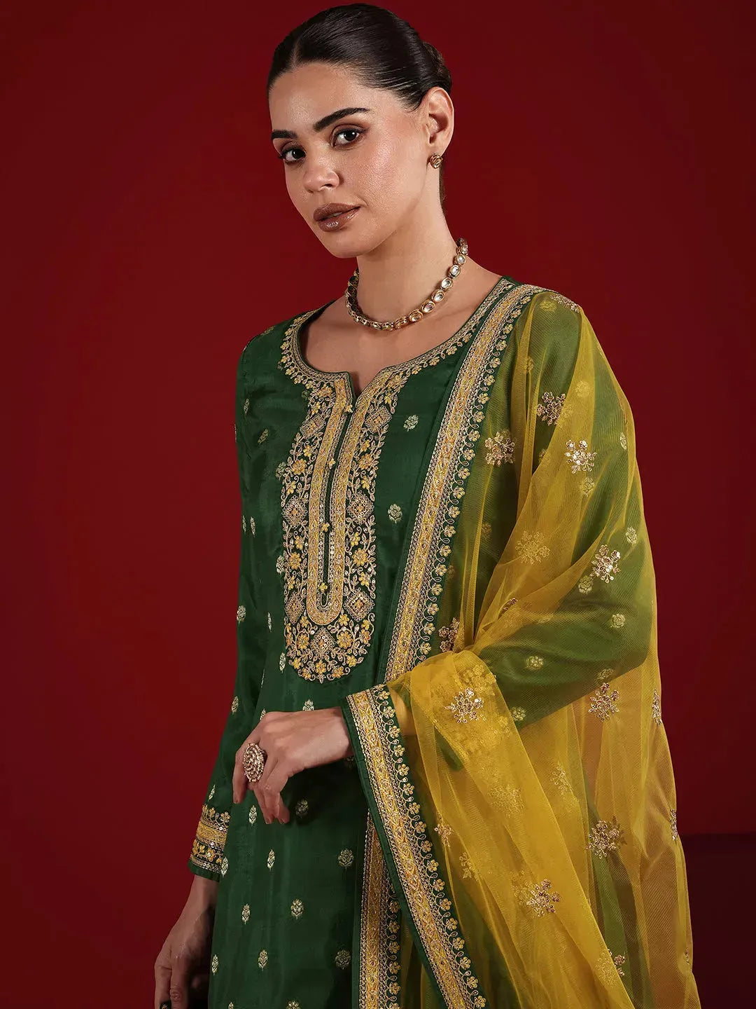  Libas Art Green Embroidered Silk Blend Straight Suit Set With Dupatta 