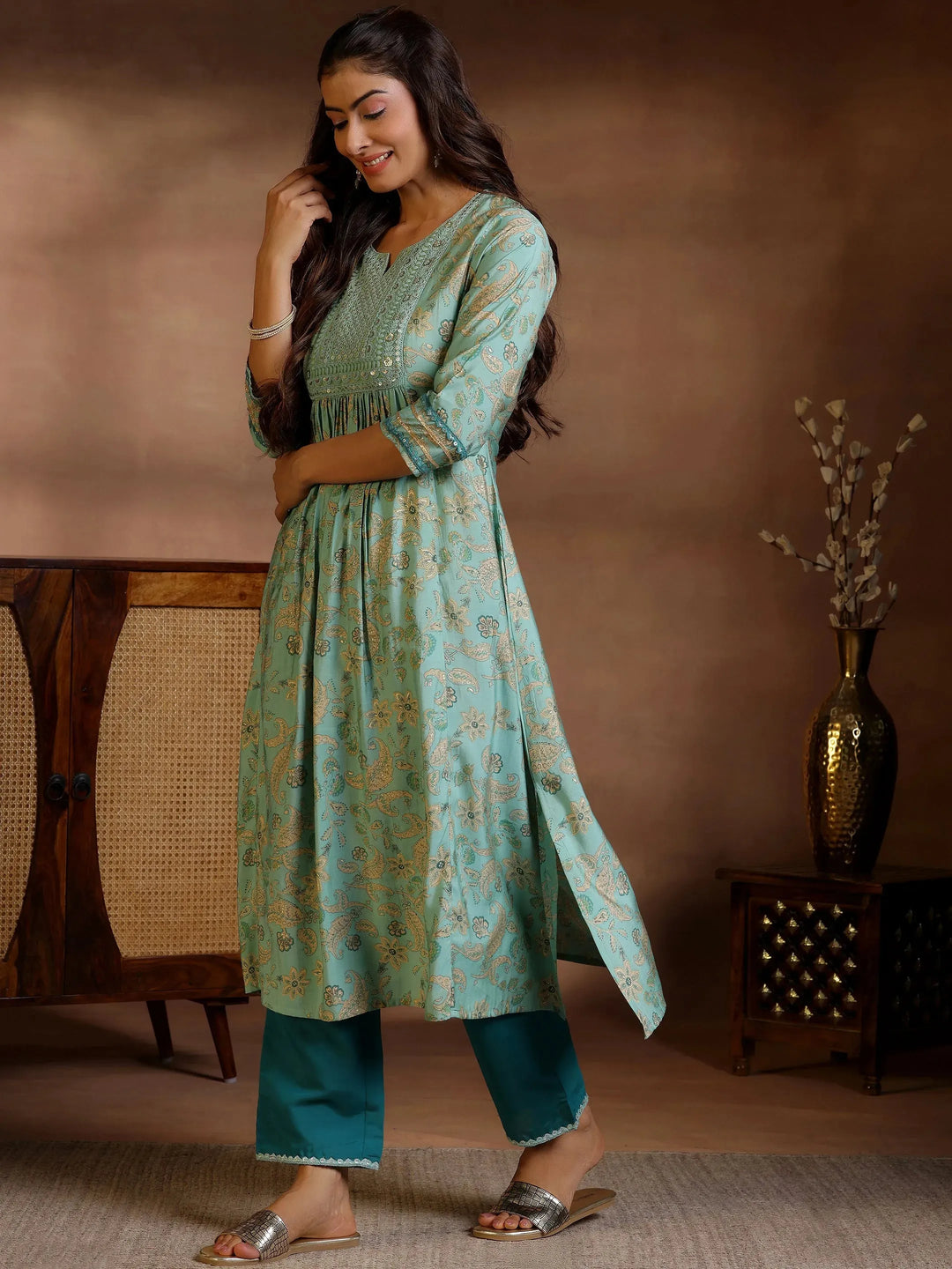  Green Printed Silk Blend A-Line Kurta With Palazzos 
