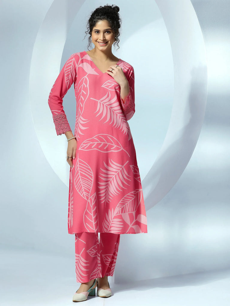 Libas Pink Printed Silk Blend Co-Ords