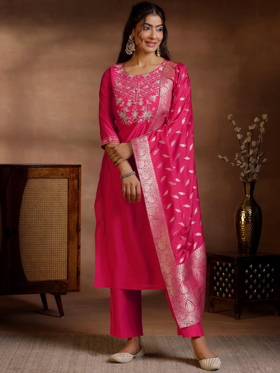  Pink Yoke Design Silk Blend Straight Suit Set With Dupatta 
